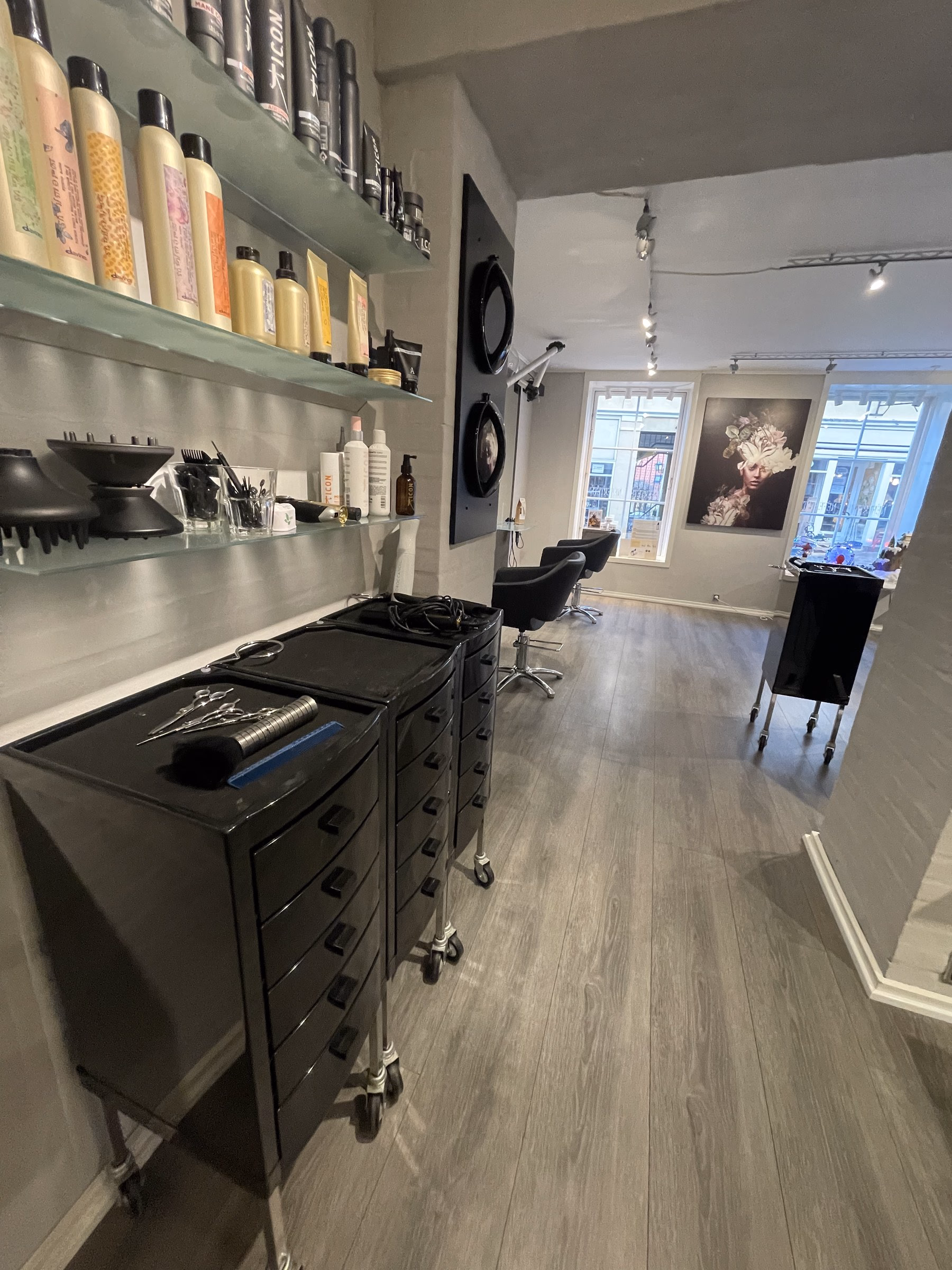 Produktreoler med I.C.O.N og Davines plejeprodukter ved vinduet